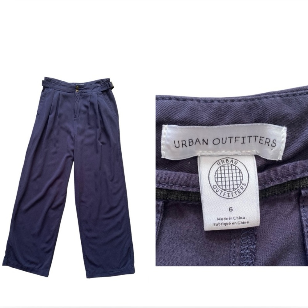Urban Outfitters Navy Tencel Wide Leg Pants Size 6 High Rise Adjustable Belt